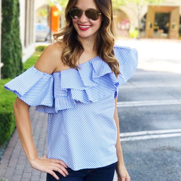 blue and white ruffle top